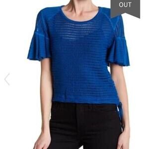Free People Blue Knit Ruffle Short Sleeve Shirt Medium